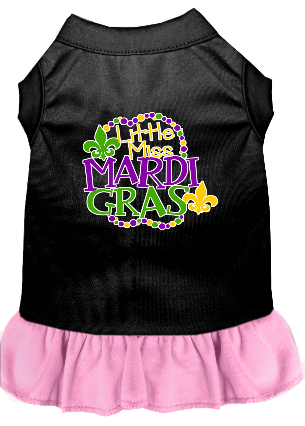Miss Mardi Gras Screen Print Mardi Gras Dog Dress Black with Light Pink Lg